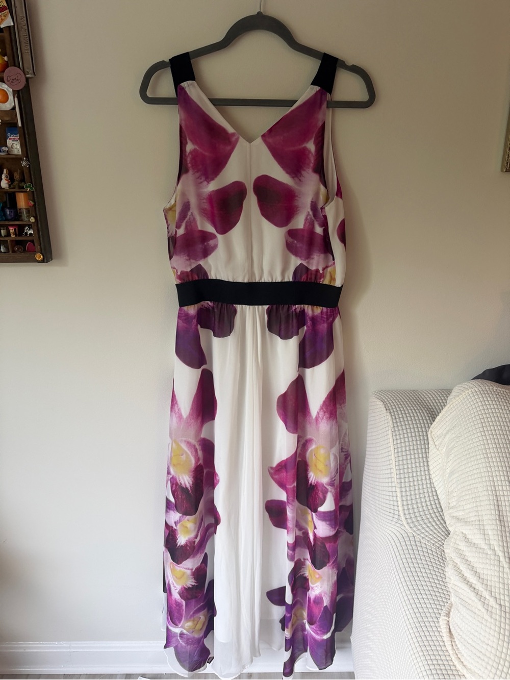 Express White Maxi Dress with Purple Floral Print and Black Waistband